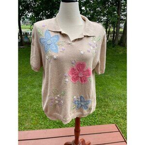 Alfred Dunner Womens 1X Beige Floral Embroidered Short Sleeve Knit Top With Coll